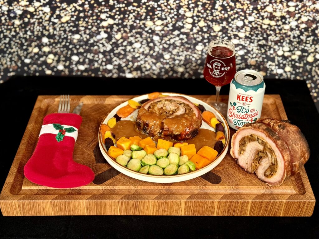 Porchetta met kastanje paddenstoelvulling biersaus en wintergroenten kerst special